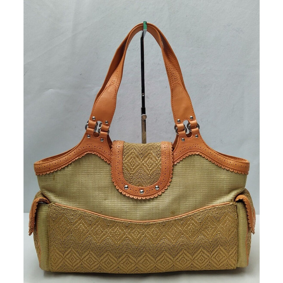 Cole Haan Tan Straw Orange Leather Trim Pocket Double Handle Satchel Bag - Picture 2 of 16
